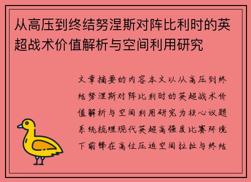 从高压到终结努涅斯对阵比利时的英超战术价值解析与空间利用研究 从高压到终结努涅斯对阵比利时的英超战术价值解析与空间利用研究